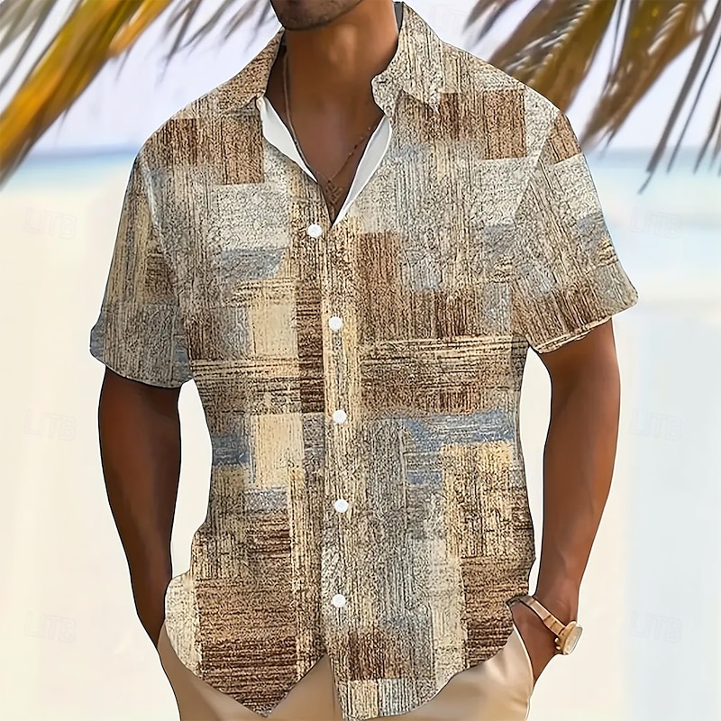 Men's Geometric Color Block Patchwork Shirt Button Up Shirt Short Sleeve Fashion Casual Vacation Holiday Streetwear Summer Turndown 3D Print Collared