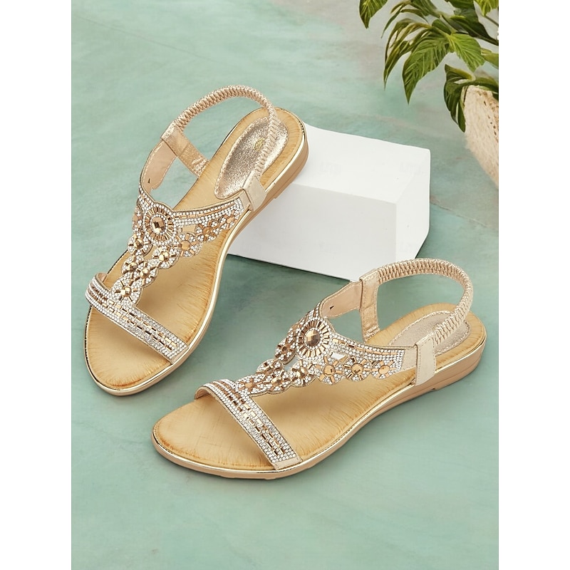 Women's Rhinestone Embellished T-Strap Sandals – Elegant Flat Slingback Sandals for Summer Beach, Wedding & Party Wear2