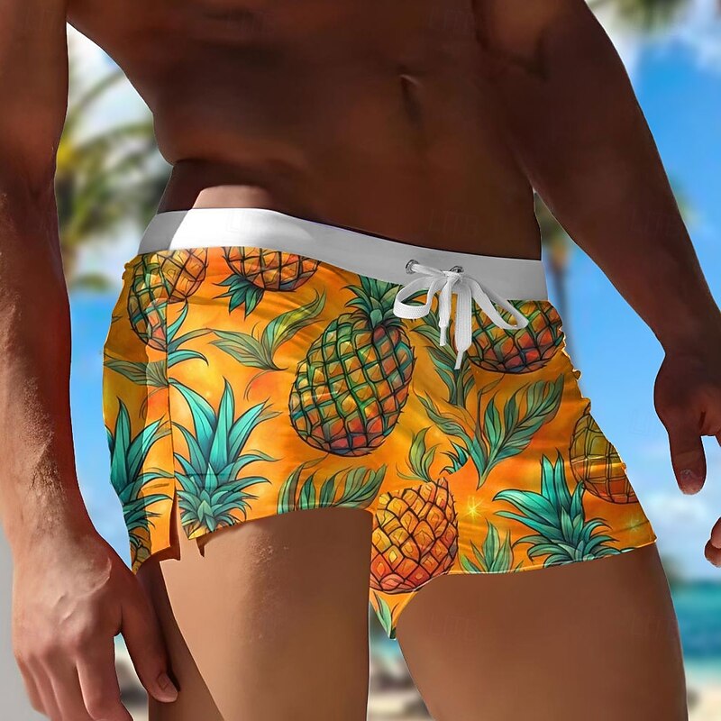Men's Fruit Pineapple Swim Trunks Swim Shorts Board Shorts Mid Waist 3D Print Hawaiian Surfing Holiday Beach Drawstring with Mesh lining Elastic Waist Designer Clothing Apparel