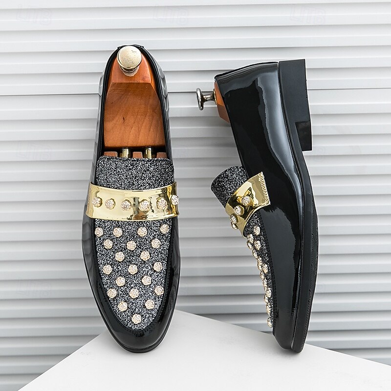 Men's Black Patent Loafers with Studded Detail and Gold Strap, Fashionable Casual Shoes for Parties and Special Events3