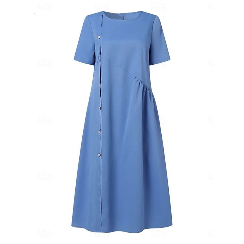 Women's Midi Dress Cotton Linen Dresses Casual Dress Basic Casual Vacation Daily Regular Fit Plain Short Sleeve Crew Neck Wine Blue Brown Summer4