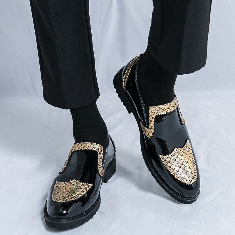 Men's Patent Leather Slip-On Dress Shoes – Black Loafers with Gold Textured Detailing, Stylish Formal Footwear for Parties, Weddings and Special Events4