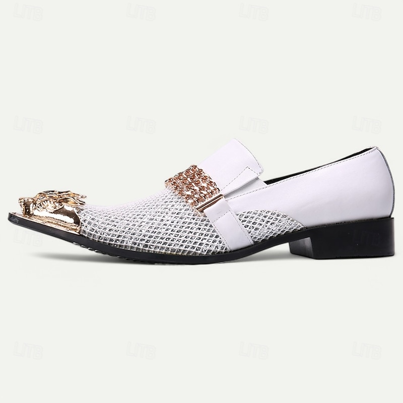 Men's White Premium Cowhide Slip-On Loafers with Metallic Rose Gold Chain and Decorative Toe, Stylish Casual Footwear for Formal and Semi-Formal Occasions4
