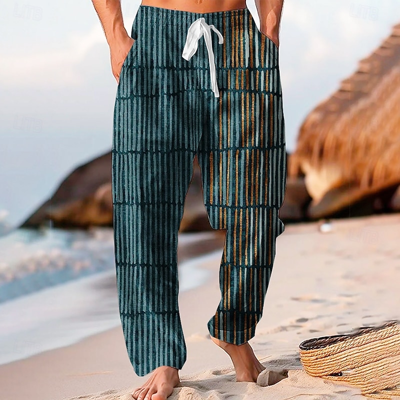 Men's Geometric Striped Mixed Color Trousers Baggy Pants Casual Pants Mid Waist Hawaiian Casual Outdoor Vacation Holiday Wide Leg Summer Spring 3D Print Red Blue4