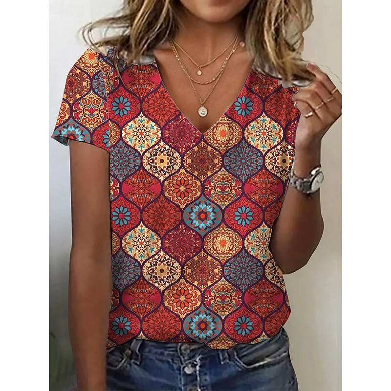 Women's T Shirt Geometric Vintage Stylish Casual Short Sleeve V Neck Regular Tops Daily Buttons Print Red Summer Spring
