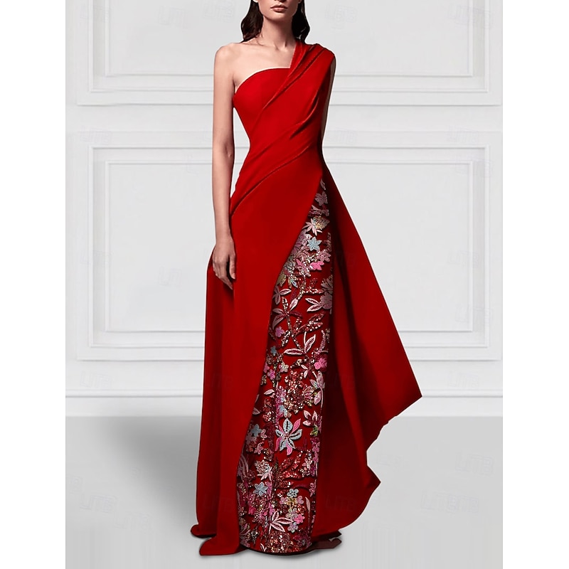 Sheath / Column Evening Gown Elegant Dress Formal Wedding Floor Length Sleeveless One Shoulder Stretch Crepe with Glitter Ruffles Embroidery