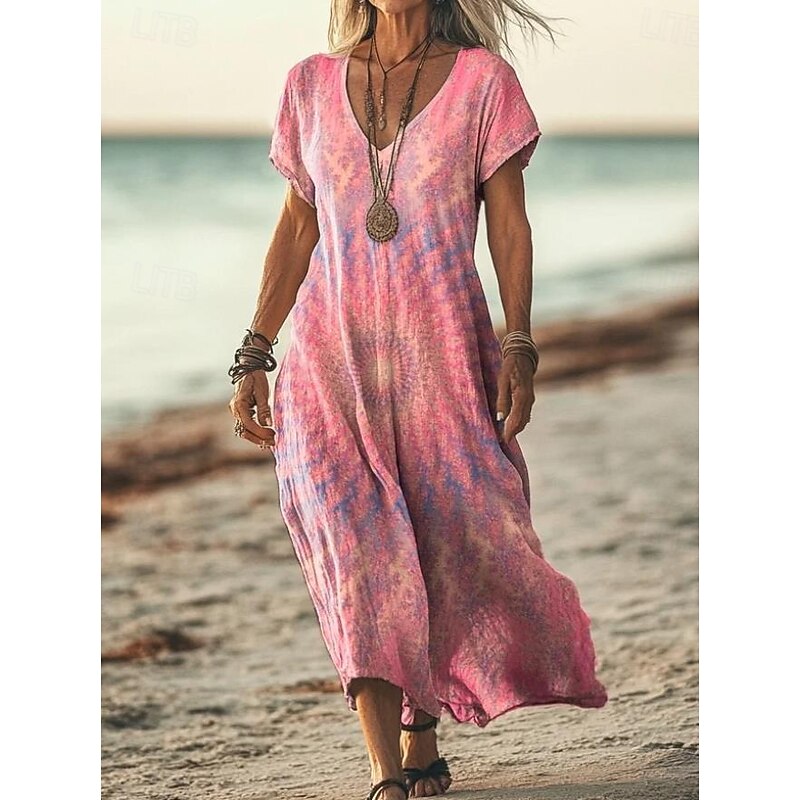 Women's Maxi Dress Casual Dress A Line Dress Stylish Casual Vacation Daily Regular Fit Floral Short Sleeve V Neck Light Pink Light Purple Purple Beige Spring Fall