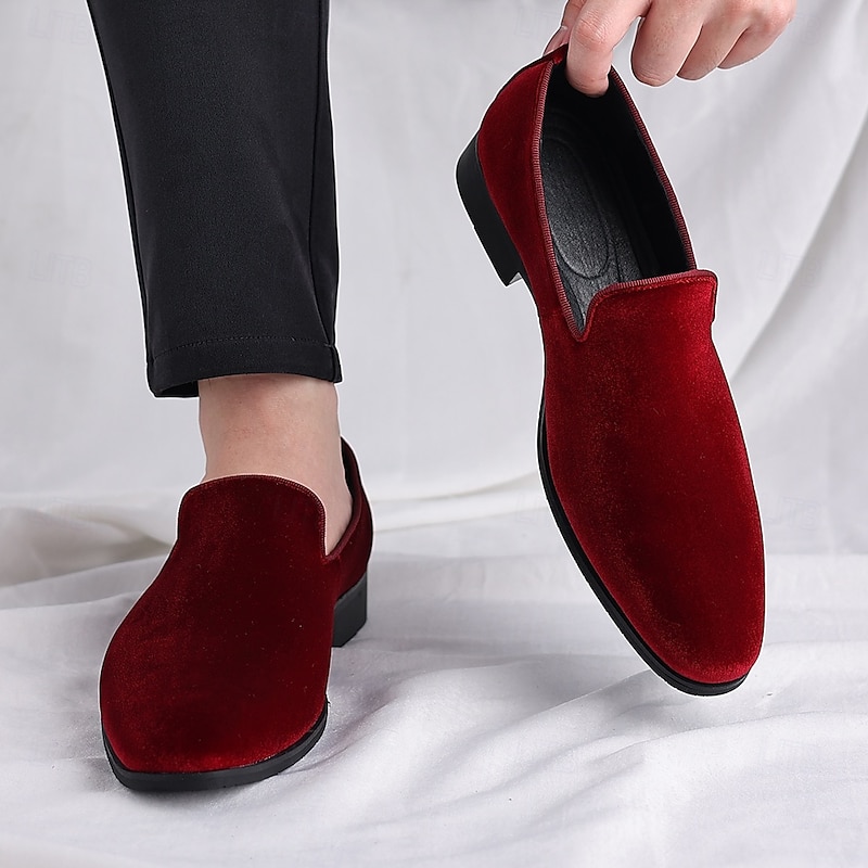 Men's Red Velvet Slip-On Dress Shoes, Elegant Formal Footwear for Weddings, Parties and Special Occasions4