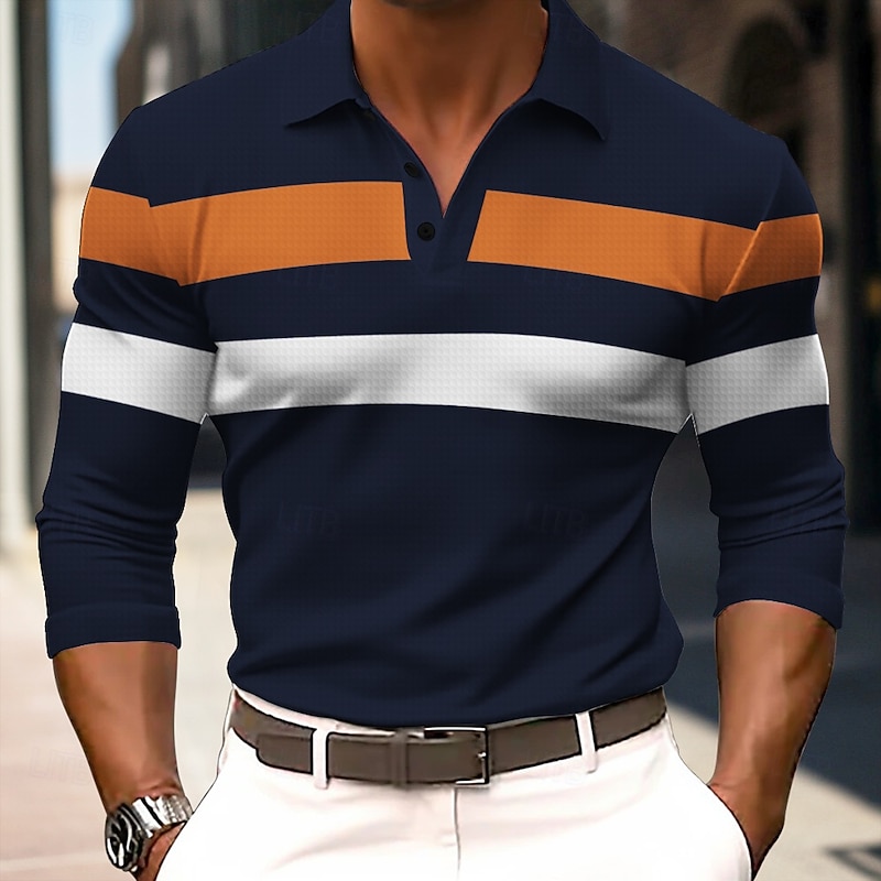 Men's Striped Rugby Polo Shirts Long Sleeve Polo Shirts Collared Shirts Business Casual School Athleisure Daily Wear 3D Print Spring Fall Winter Black Army Green Dark Blue - Main Image