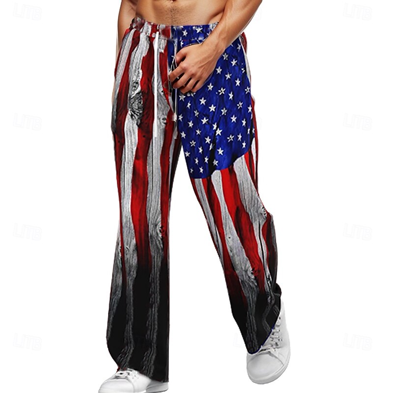 Men's American Flag Patriotic Trousers Baggy Pants Casual Pants Mid Waist Hawaiian Retro Vintage Outdoor Holiday Beach Wide Leg Elastic Drawstring Waist Summer Spring 3D Print Gray2