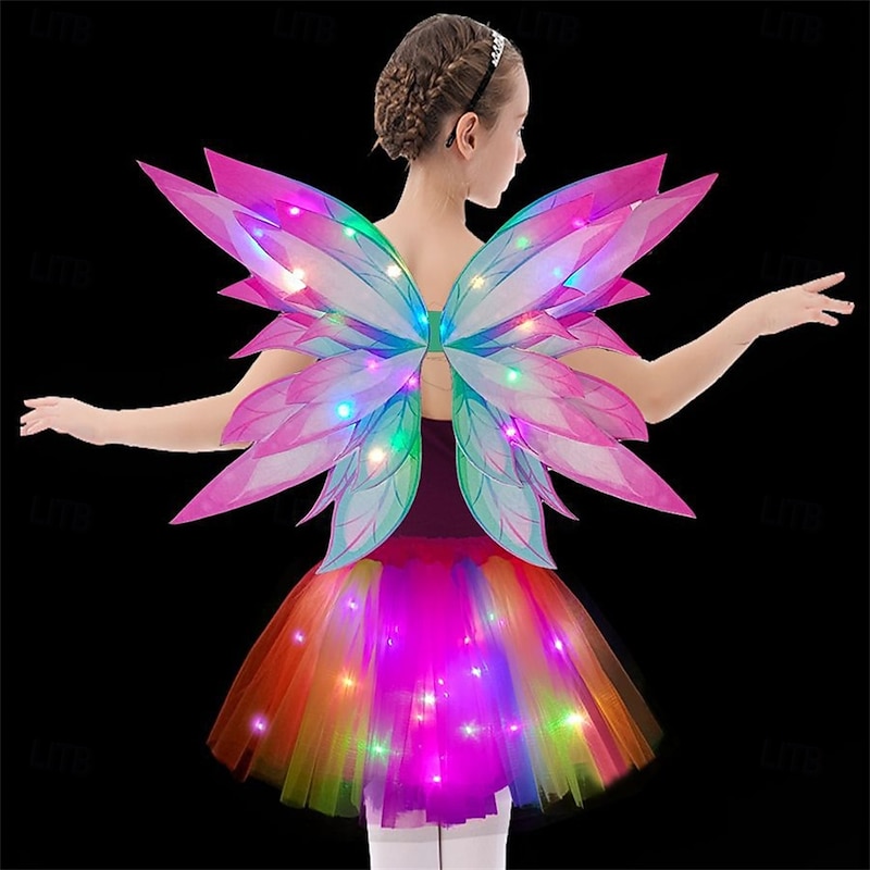 Carnival Elegant Light-Up Fairy Costume for Girls – 4PCS Dress-Up Set with Soft Rainbow Butterfly Wings Perfect for Princess Play Carnival Deoration