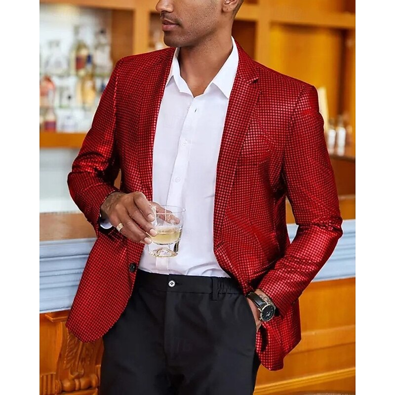 Men's Blazer Performance Stage Wedding Party Vintage Fashion Spring Autumn / Fall Polyester Solid Color Pocket Buttons Comfortable Single Breasted Blazer Silver Black Red Blue2