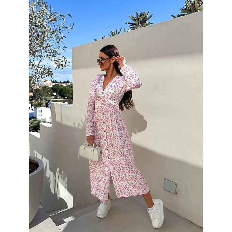 Women's Long Dress Maxi Dress Maxi Dress Floral Dress Elegant Regular Fit Floral Long Sleeve V Neck Pink Red Blue Fall