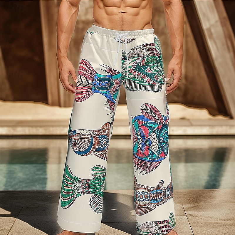 Men's Fish Ethnic Trousers Baggy Pants Casual Pants Mid Waist Vintage Retro Outdoor Holiday Drawstring Elastic Waist Wide Leg Summer Spring 3D Print White