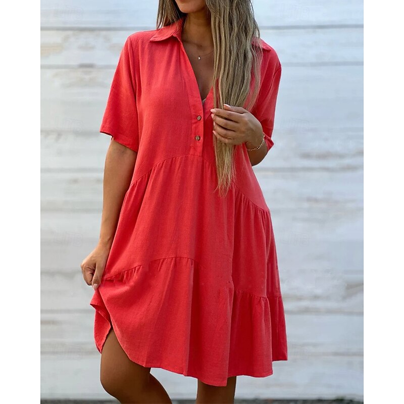 Women's Mini Dress Linen-Inspired Dresses Shirt Dress Casual Dress Cotton Linen Dress Stylish Casual Vacation Daily Date Regular Fit Plain Short Sleeve Lapel Yellow Pink Red Summer