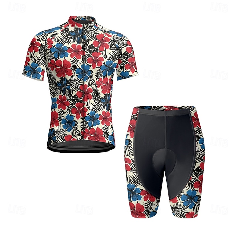 Men's Cycling Jersey with Shorts Floral Botanical Short Sleeve Bike Clothing Suit with 3 Rear Pockets Mountain Bike MTB Road Bike Cycling Front Zipper Sweat wicking Comfortable Breathable Sports