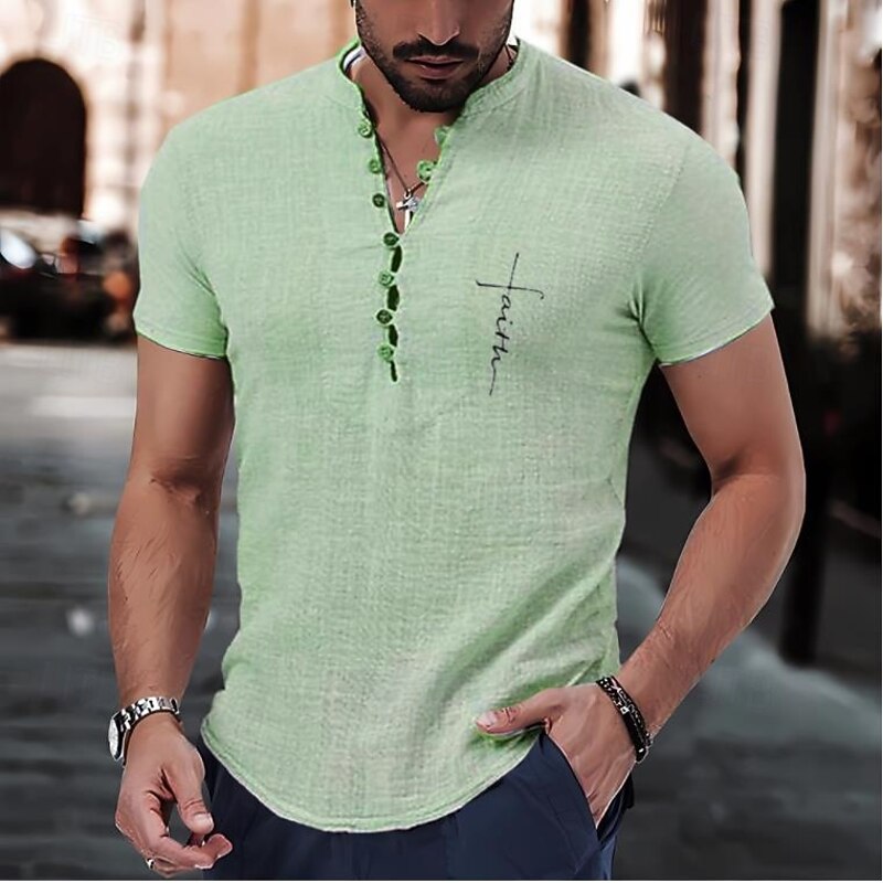 Men's Shirt Popover Shirt Summer Shirt Casual Shirt Button Up Shirt Light Green Purple khaki Light Grey Light Blue Short Sleeve Faith Solid / Plain Color Band Collar Henley Vacation Hawaiian Buckle4