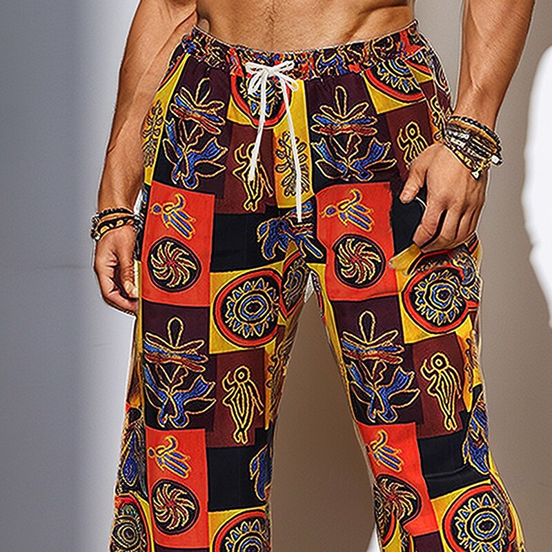 Men's Patchwork Ethnic Trousers Baggy Pants Casual Pants Mid Waist Vintage Retro Tribal Vacation Holiday Beach Wear Drawstring Elastic Waist Wide Leg Summer Spring 3D Print Brown2