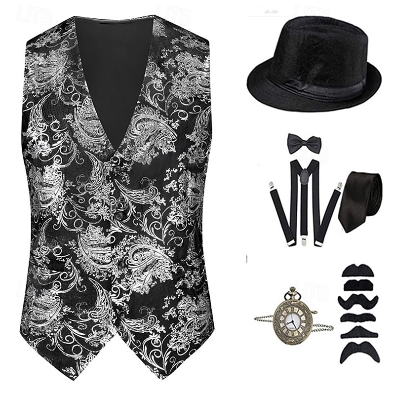 1920s Vintage Inspired The Great Gatsby Party Costume Accesories Set Sleeveless Printing Collarless Fancy Dress Men's Halloween Party & Evening Casual Daily Adults' Vest Hat All Seasons