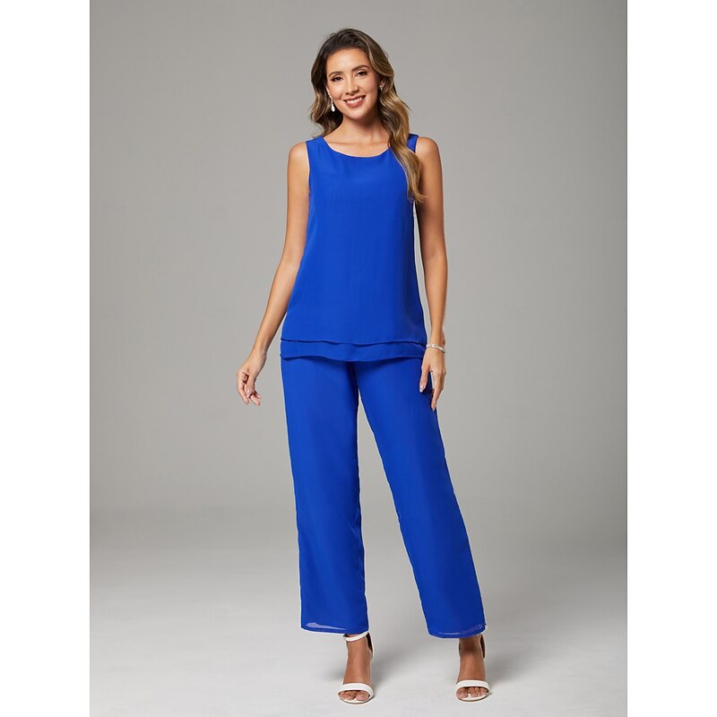 Pantsuit 3 Piece Mother of the Bride  Elegant Plus Size Jewel Neck Ankle Length Chiffon Sleeveless with Ruffles4
