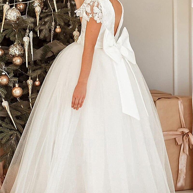 Flower Girl Dress Kid's Girls' Lace Dress Formal Dress Princess Dress First Communion Dress Performance Wedding Party Elegant Beautiful Lace Mesh Solid Color Short Sleeve Crew Neck Light Pink White 42