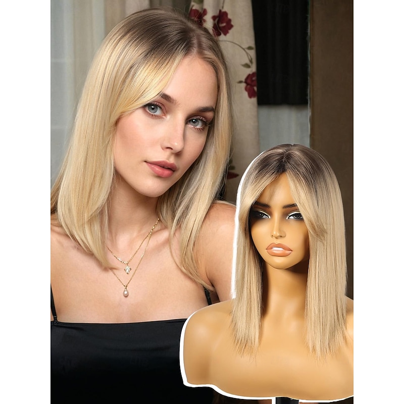 Ombre Light Brown Bob Wig with Bangs, Short Straight Hair Wigs for Women,Synthetic Heat Resistant Natural Looking Hair Wig for Party Cosplay Dality Use