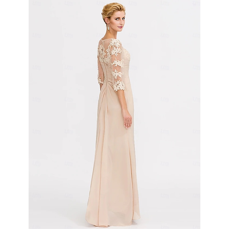 A-Line Mother of the Bride Dress Wedding Guest Elegant Plus Size See Through V Neck Floor Length Chiffon Half Sleeve with Appliques Side Draping2