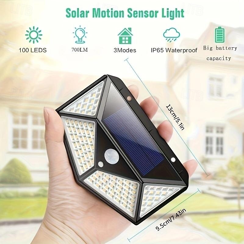 3/6 Pcs outdoor solar 100Leds 270 degree wide-angle lighting human motion sensing 3-mode courtyard garden garage fence lane lighting energy-saving and power-saving2