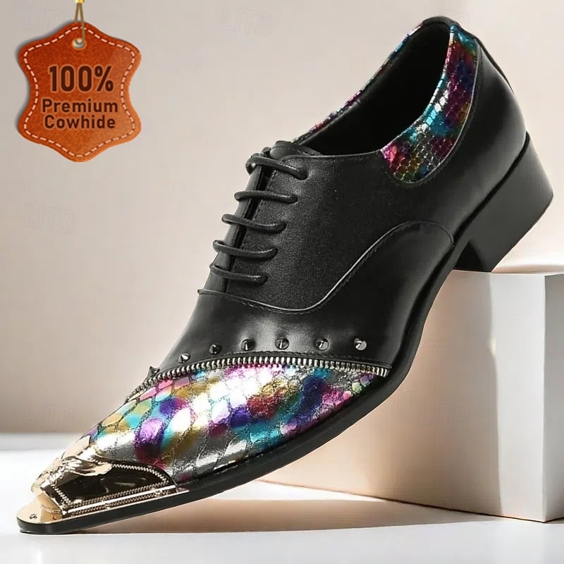 Men's Premium Black Leather Dress Shoes with Gold Tip Multicolor Snake-Pattern and Studded Detail–Stylish Formal Footwear for Special Occasions