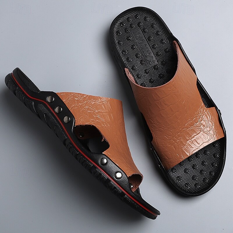 Men's Casual Brown Slide Sandals with Crocodile Pattern and Durable Rubber Sole – Comfortable Outdoor Footwear for Summer, Beach and Daily Wear3