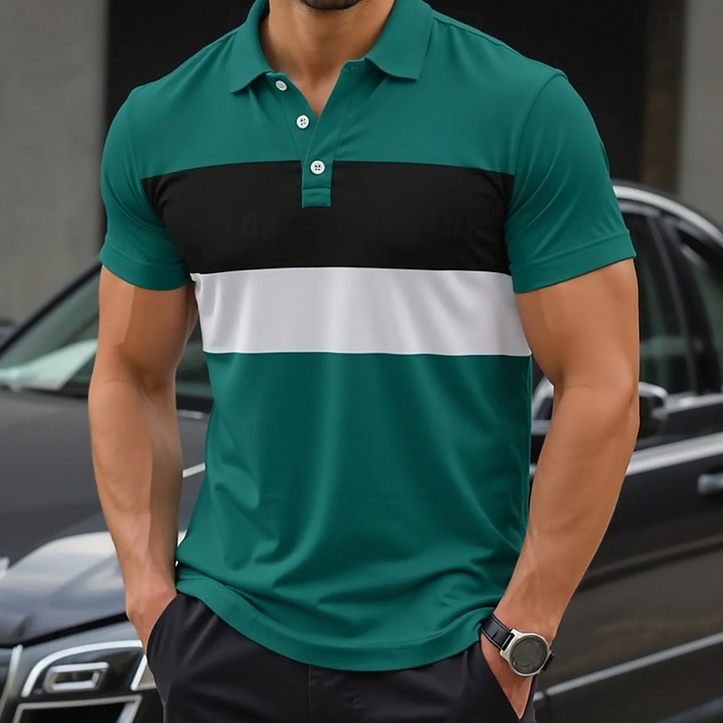 Men's Striped Rugby Polo Short Sleeve Polo Shirts Collared Shirts Casual School Outdoor Athleisure Daily Wear 3D Print Summer Spring Fall Green