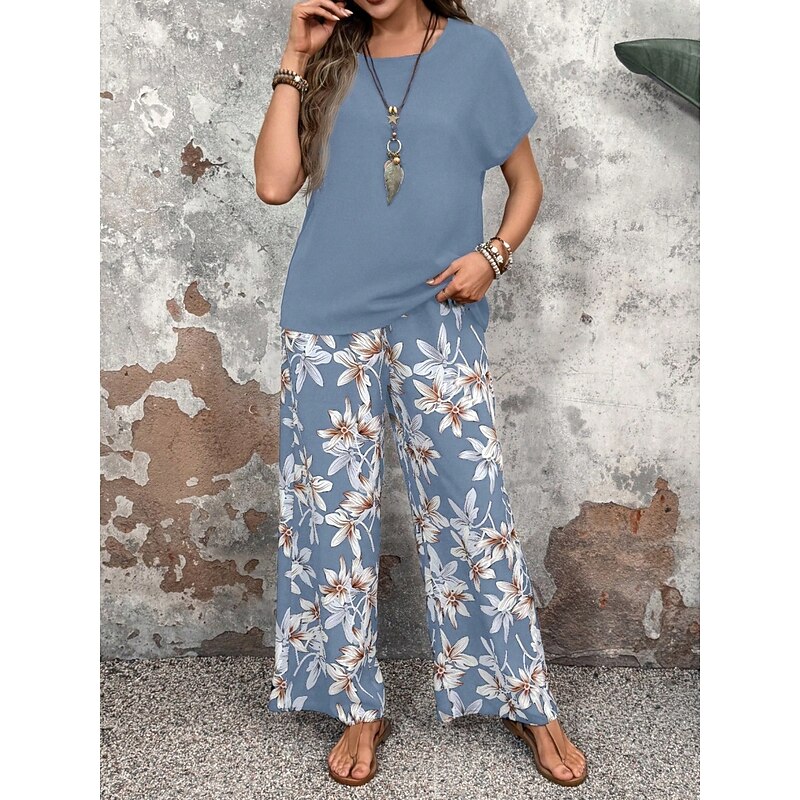 Women's Fashion Streetwear Daily T Shirt Wide Leg Pants Short Sleeve Crew Neck Floral Drawstring Casual Daily Black Navy Blue Green Summer Regular Fit3
