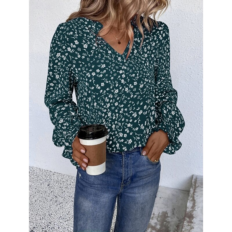 Women's Shirt Blouse Floral Stylish Casual Long Sleeve V Neck Regular Tops Daily Print Wine Green Beige Summer Spring