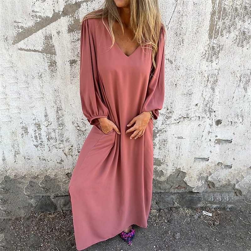 Women's Long Dress Maxi Dress Casual Dress Maxi Dress Summer Dress Stylish Casual Lantern Sleeve Vacation Daily Date Regular Fit Plain Long Sleeve V Neck Pink Red Khaki Summer Spring4