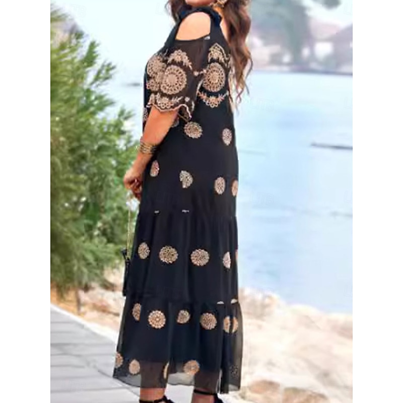 Women's Midi Dress Casual Dress Cocktail Dress Wedding Guest Dress Chiffon Dress Elegant Stylish Casual Vacation Casual Daily Loose Fit Graphic Short Sleeve Crew Neck Black Summer Spring3