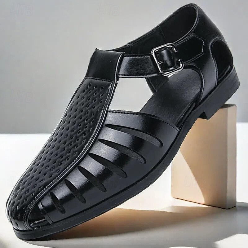 Men's Black Faux Leather T-Strap Sandals with Buckle Closure – Stylish Perforated Design for Summer, Outdoor Activities and Casual Wear