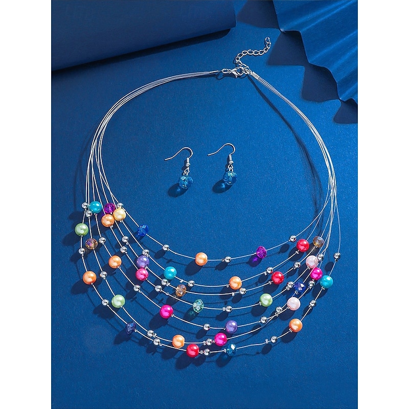 Women's Multicolor Beaded Layered Necklace & Earrings Set – Elegant Statement Jewelry for Weddings, Parties, and Evening Wear2