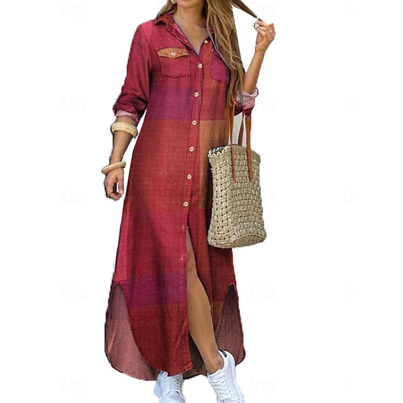 Women's Maxi Dress Shirt Dress Casual Dress Stylish Basic Casual Vacation Daily Loose Fit Graphic Long Sleeve Shirt Collar Wine Red Blue Khaki Spring Fall4