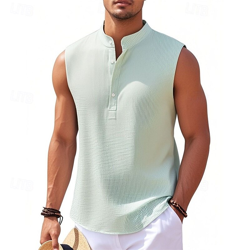 Men's Button T Shirt T Shirt Henley Shirt Tee Sleeveless Henley Summer Plain Fashion Designer Basic Buttons Vacation Street Going out Lake blue Black White Top Tee for Men4