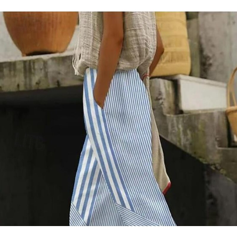 Women's Cotton Linen Pants Baggy Pants Linen Like Elegant Vintage Fashion Full Length High Waist Geometric Plaid Printing Breathable Soft Micro-elastic Outdoor Daily Transparent Blue Regular Fit2