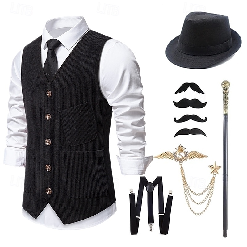 1920s Vintage Inspired The Great Gatsby Party Costume Masquerade Accessories Set Sleeveless Collarless Fancy Dress Men's Halloween Party & Evening Casual Daily Adults' Vest Hat All Seasons3