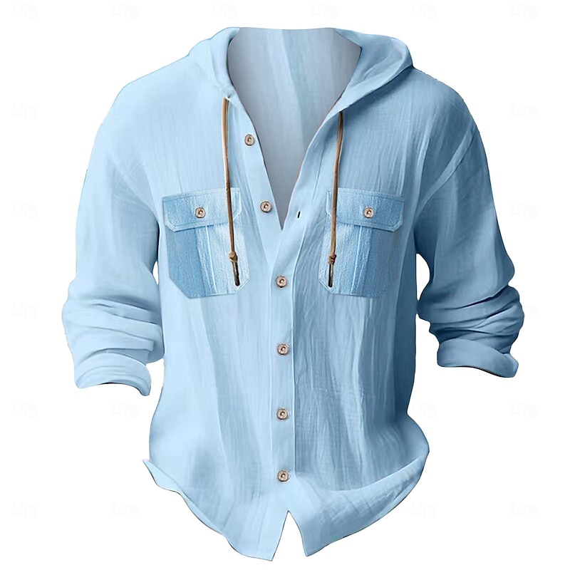 Men's Shirt White Cotton Shirt Casual Shirt Button Up Shirt Cotton Shirt Plain Vacation Street Black White Dark Navy Blue Long Sleeve Hooded Spring Clothing Apparel Pocket4