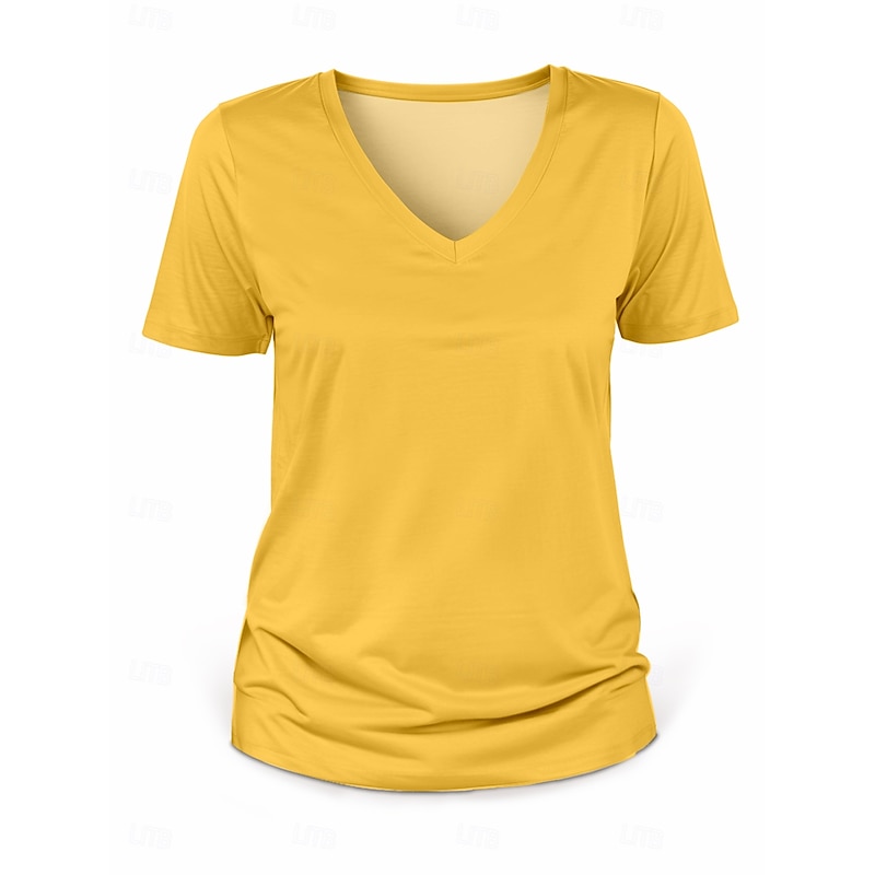 Women's T Shirt Solid Color Plain Stylish Casual Short Sleeve V Neck Regular Tops Daily Going out Weekend Print Black White Yellow Green off-white Summer Spring3