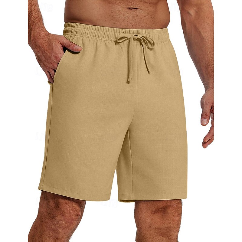 Men's Shorts Linen Shorts Summer Shorts Beach Shorts Drawstring Elastic Waist Straight Leg Plain Breathable Knee Length Yoga Daily Beach Fashion Athleisure Black White3