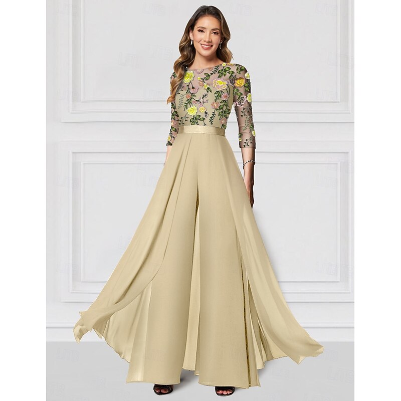 FloralJumpsuits Embroidered Formal Column Mother of the Bride Wedding Elegant Illusion Neck Floor Length Chiffon 3/4 Length Sleeve with Solid Color  Race Day Dress3