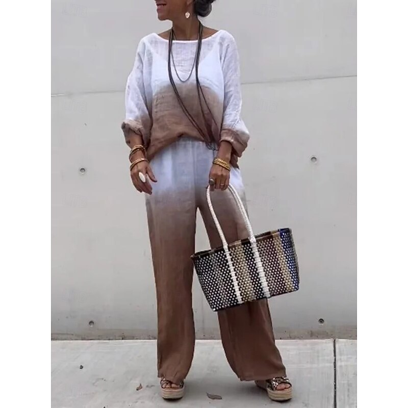 Women's Fashion Streetwear Daily Shirt Wide Leg Pants Long Sleeve Crew Neck Ombre Drawstring Casual Daily Dark Navy Sky Blue Brown Summer Regular Fit4