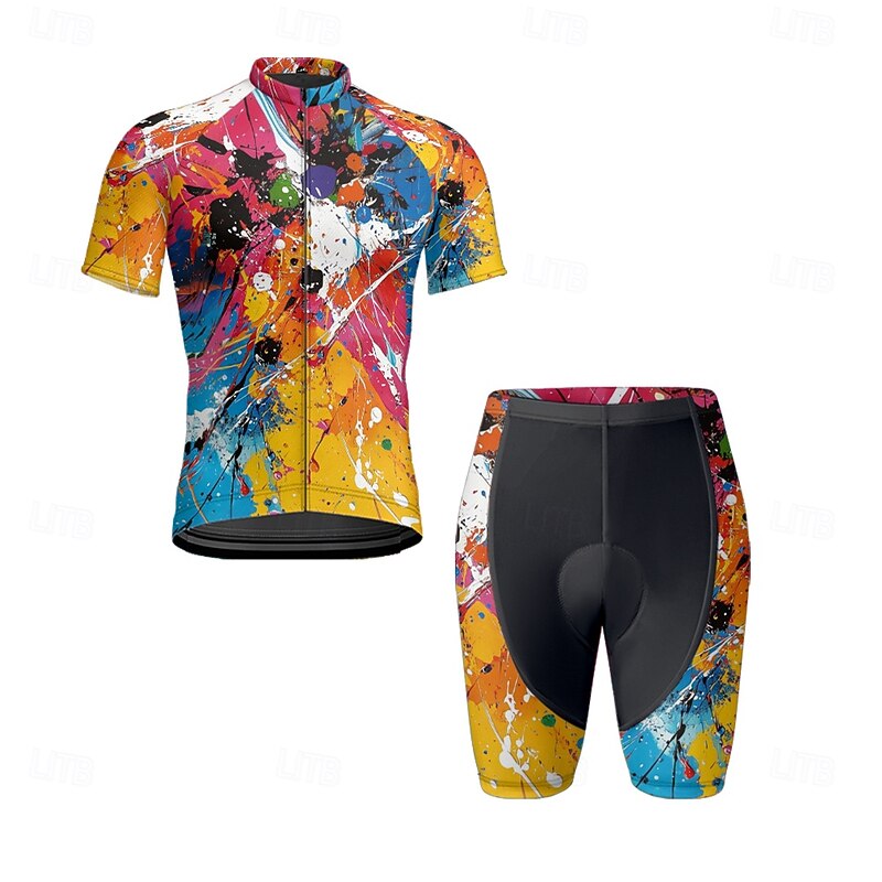 Men's Cycling Jersey with Shorts Graffiti Short Sleeve Bike Clothing Suit with 3 Rear Pockets Mountain Bike MTB Road Bike Cycling Front Zipper Sweat wicking Comfortable Breathable Sports Yellow Cream