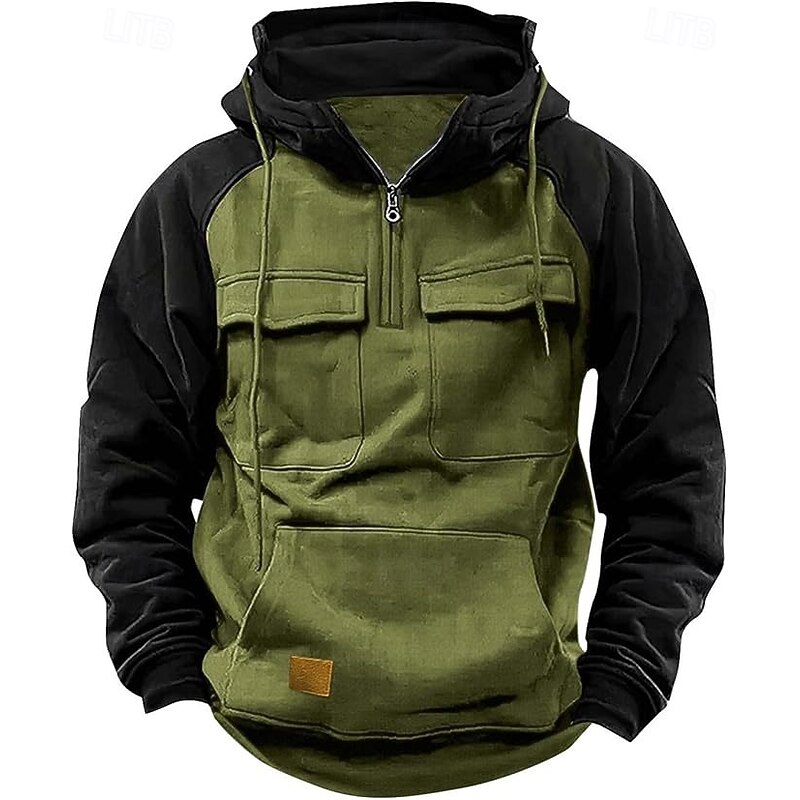 Men's Hoodie Quarter Zip Hoodie Tactical Hoodie Black Pink Wine Army Green Blue Hooded Color Block Plain Patchwork Pocket Sports & Outdoor Daily Holiday Polyester Streetwear Basic Casual Spring