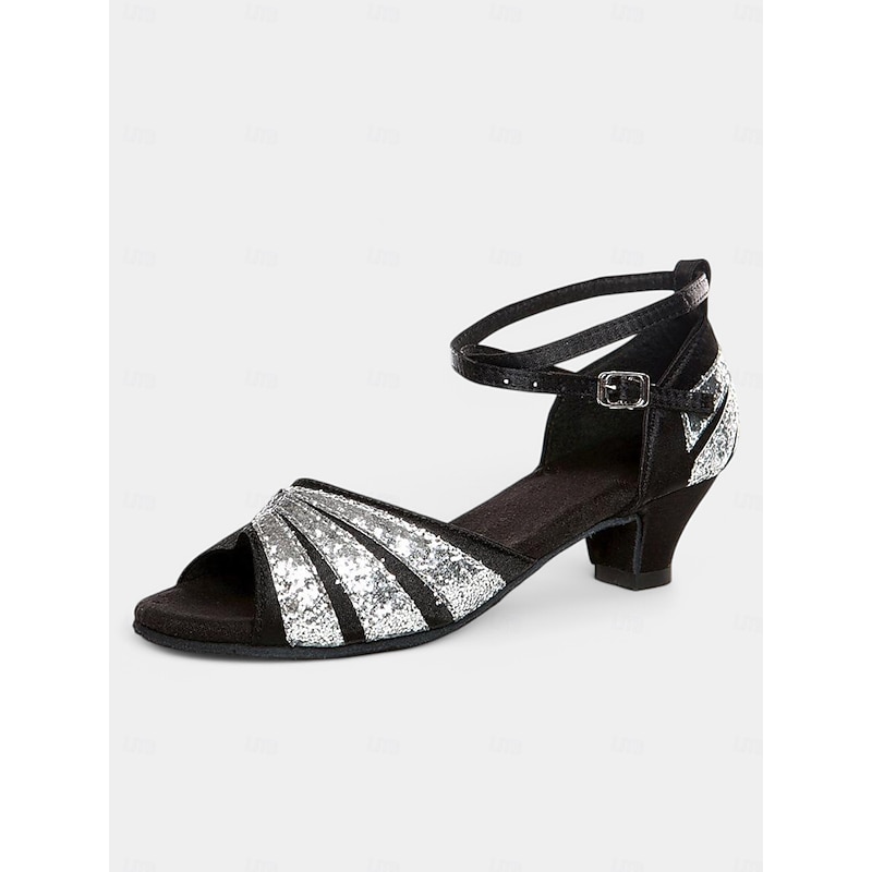 Silver Glitter Dance Sandals for Women | Elegant Open Toe Heel with Adjustable Strap | Perfect for Ballroom, Salsa & Evening Wear
