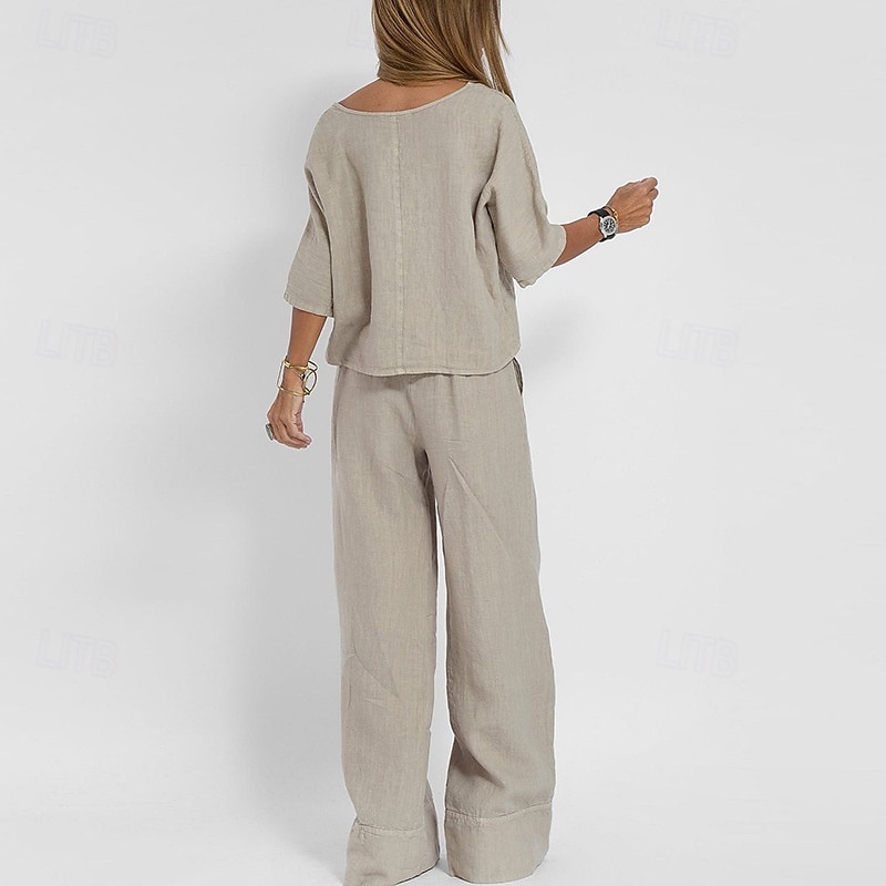 Women's Fashion Streetwear Shirt Cotton Linen Sets Two Piece Sets Linen Pants Pants Trousers Short Sleeve Crew Neck Solid Color Drawstring Daily Wear Date Black Yellow Light Grey Summer Regular Fit2